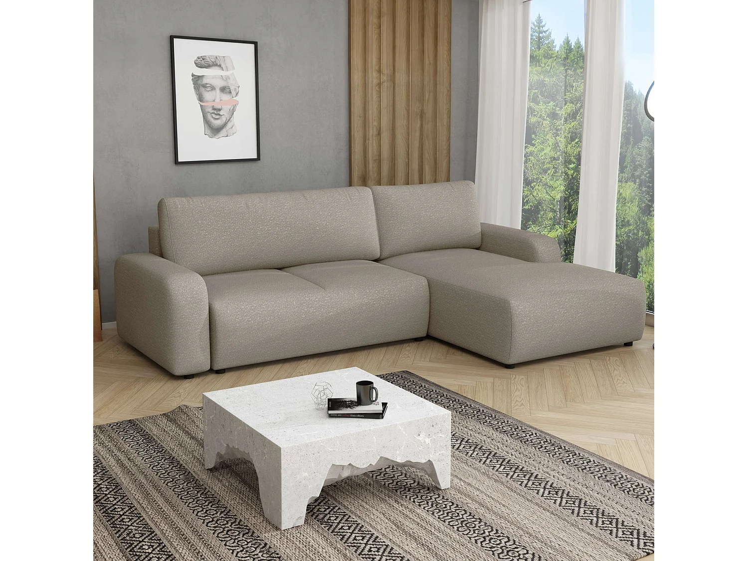 Hoekslaapbank Ovo met opbergruimte, beige rechts, 258x173 cm