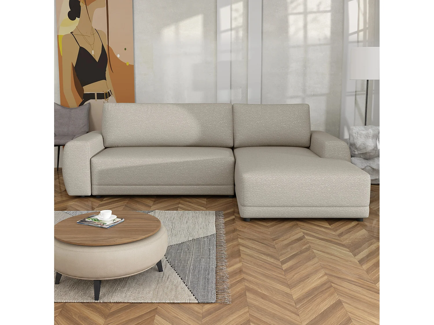 Hoekslaapbank Denver met opbergruimte, beige rechts, 268x169 cm
