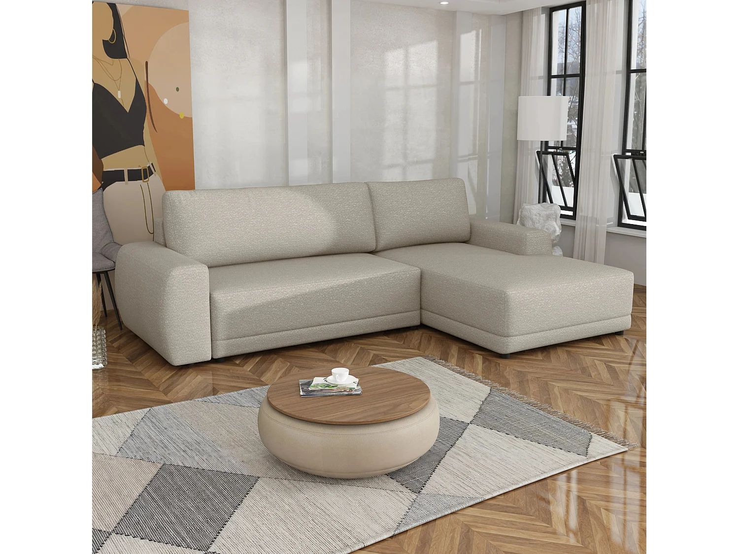 Hoekslaapbank Denver met opbergruimte, beige rechts, 268x169 cm