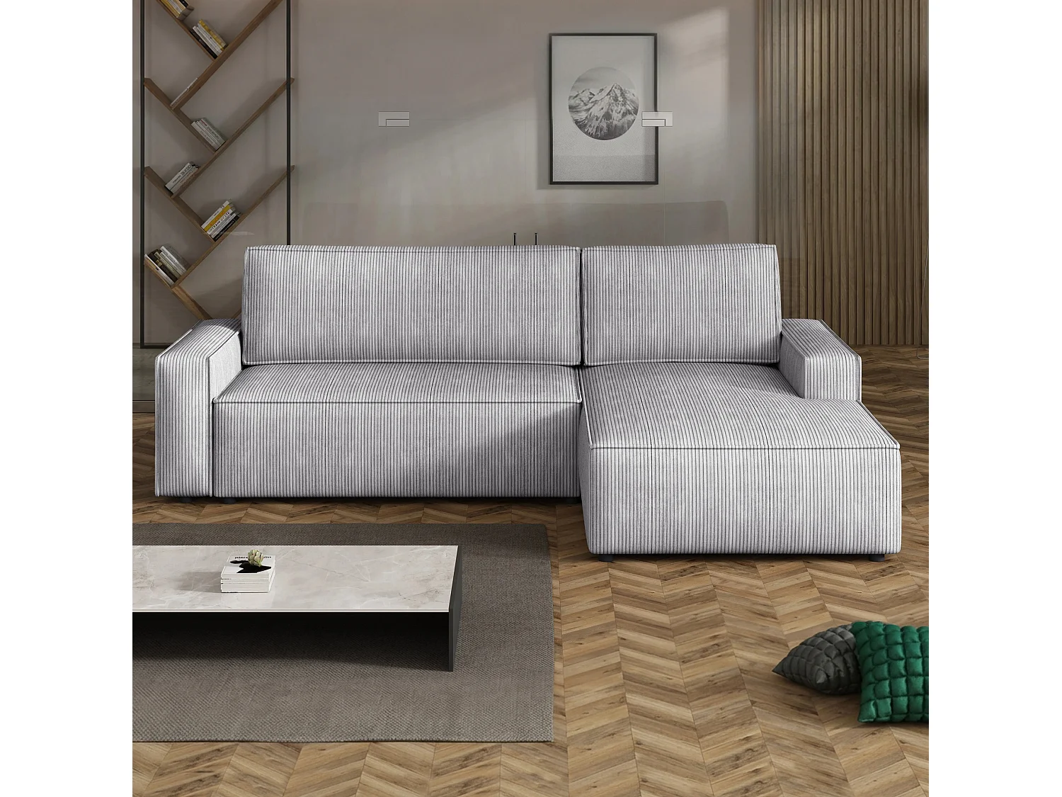 Canapé d’angle droit convertible Fort avec coffre, gris clair, 258x169 cm