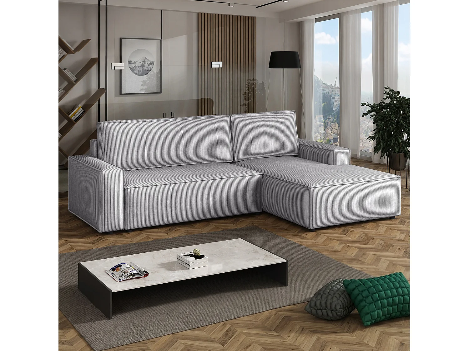 Canapé d’angle droit convertible Fort avec coffre, gris clair, 258x169 cm