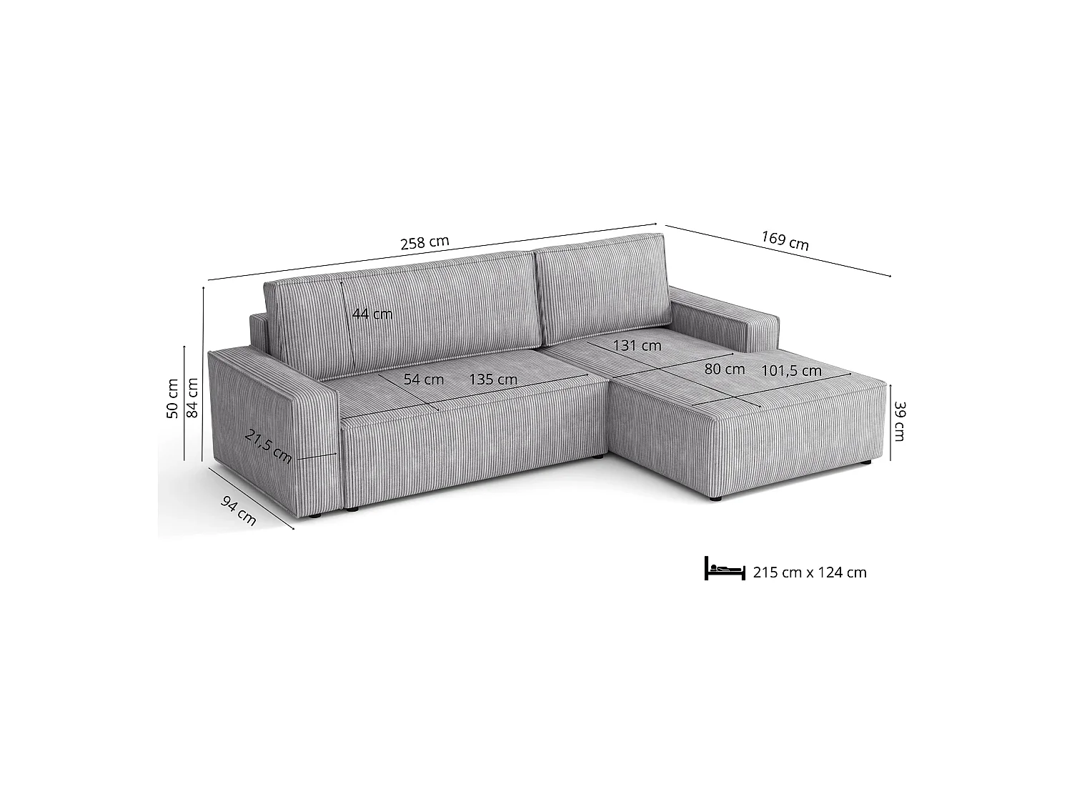 Canapé d’angle droit convertible Fort avec coffre, gris clair, 258x169 cm