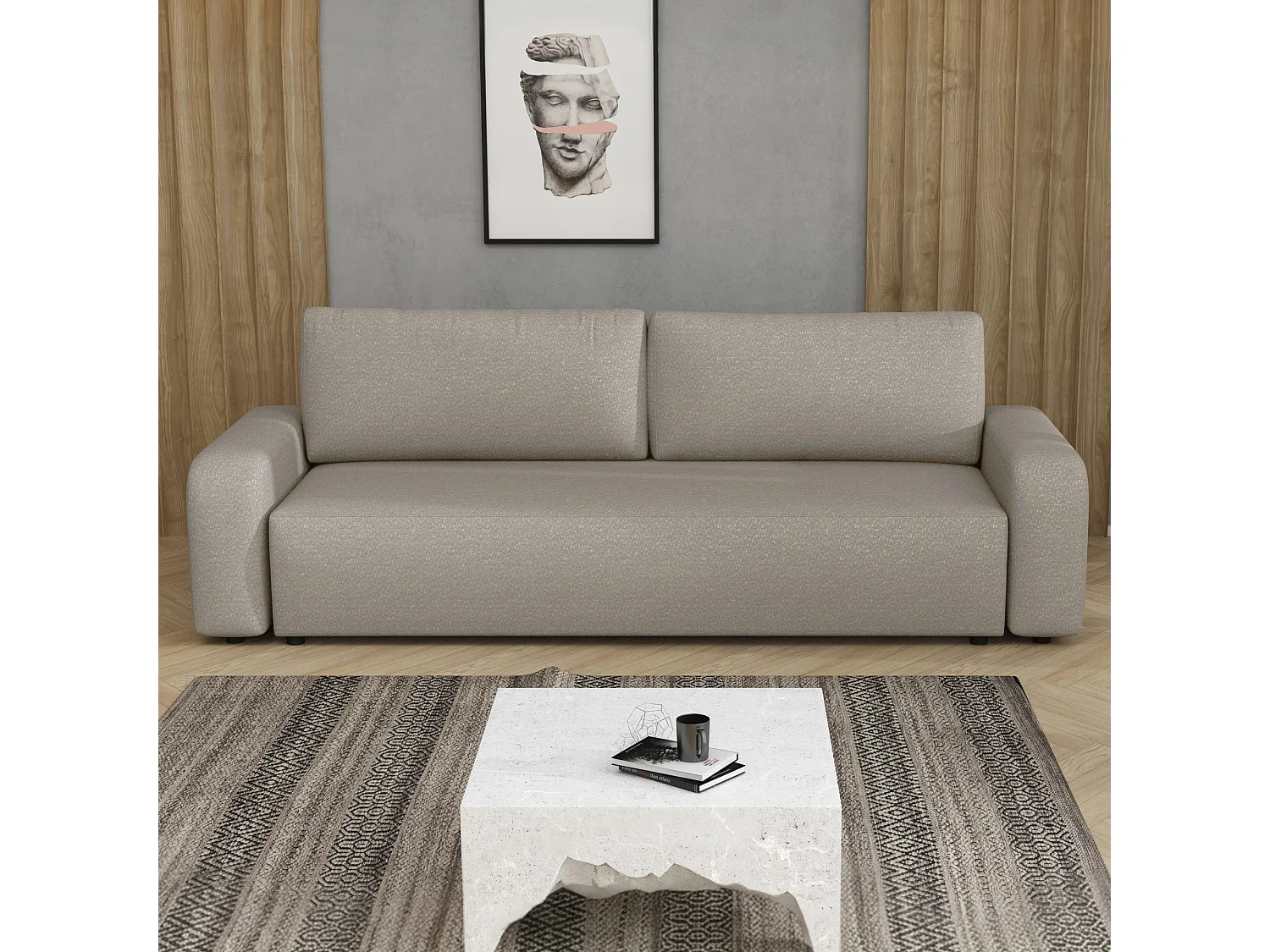 Canapé convertible Ovo II avec coffre, beige, 238x94 cm
