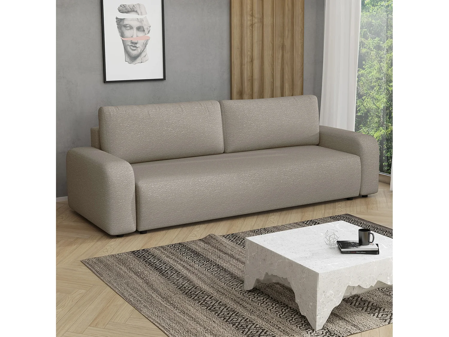Canapé convertible Ovo II avec coffre, beige, 238x94 cm
