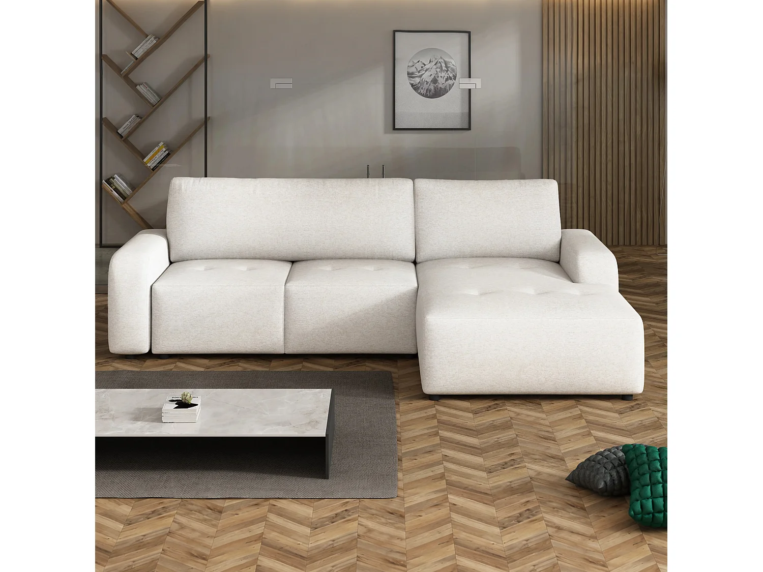 Canapé d’angle droit convertible Luna avec coffre, crème, 258x169 cm