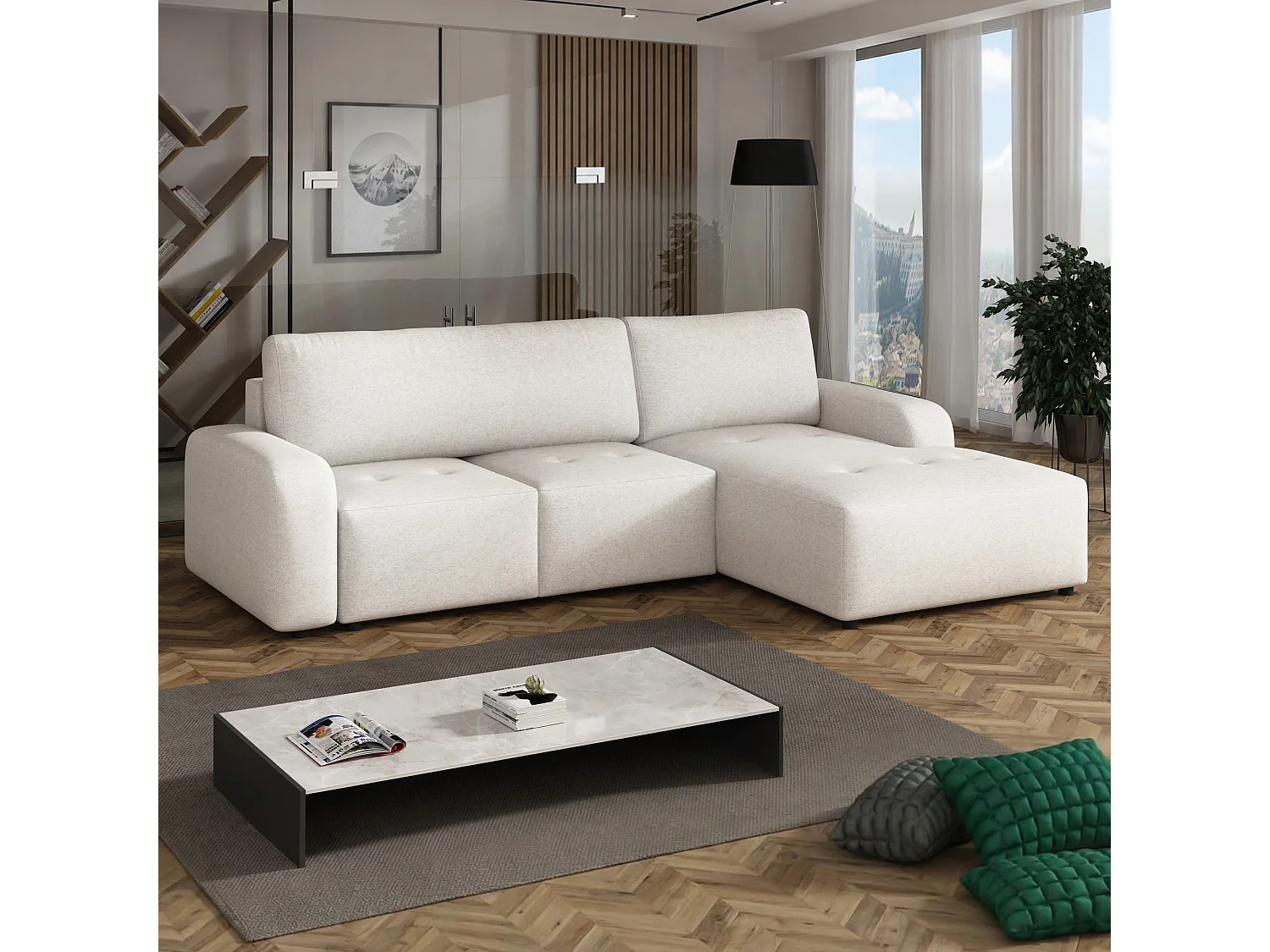 Canapé d’angle droit convertible Luna avec coffre, crème, 258x169 cm