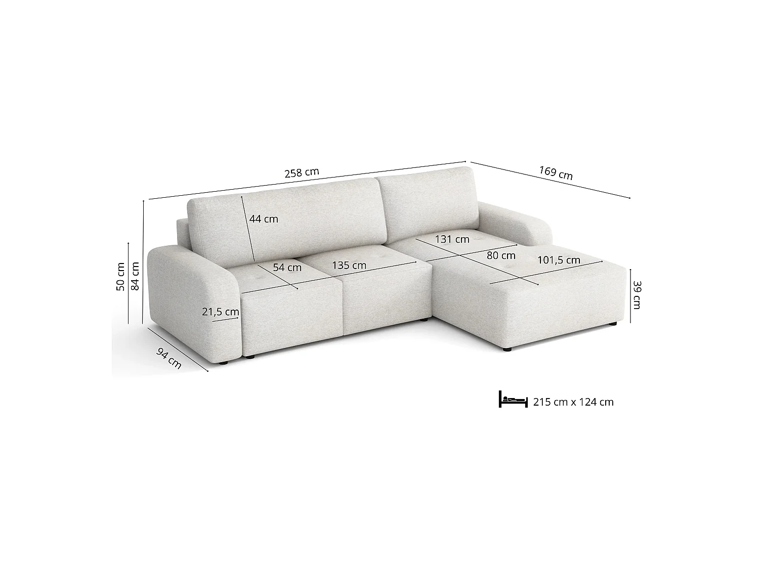 Canapé d’angle droit convertible Luna avec coffre, crème, 258x169 cm