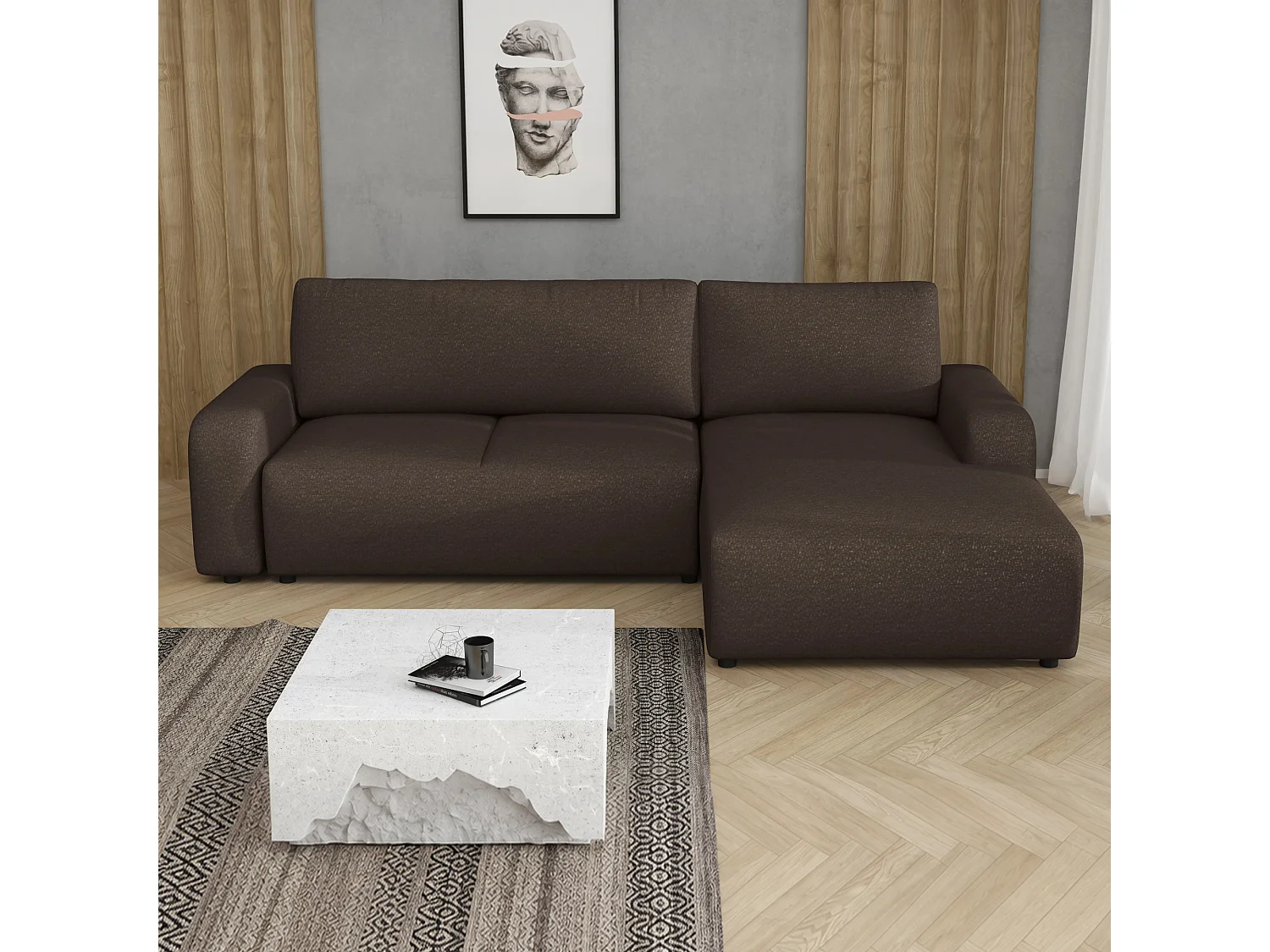 Canapé d’angle droit convertible Ovo avec coffre, marron, 258x173 cm