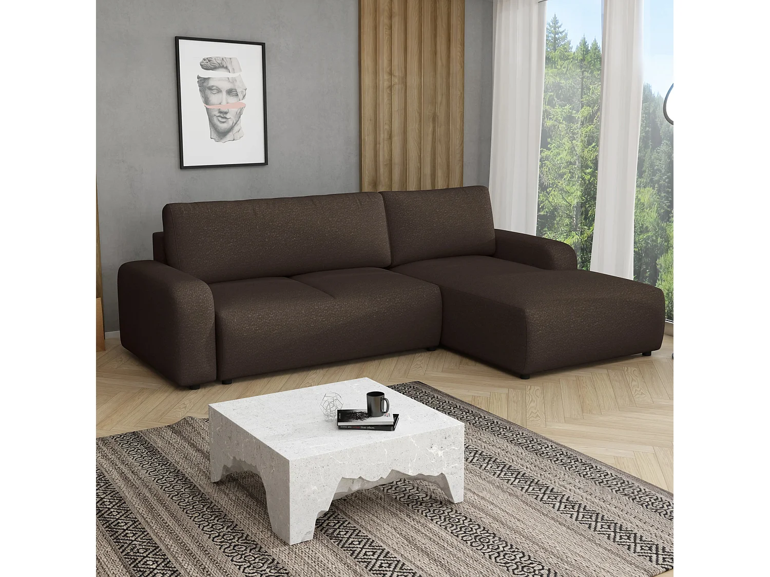 Canapé d’angle droit convertible Ovo avec coffre, marron, 258x173 cm