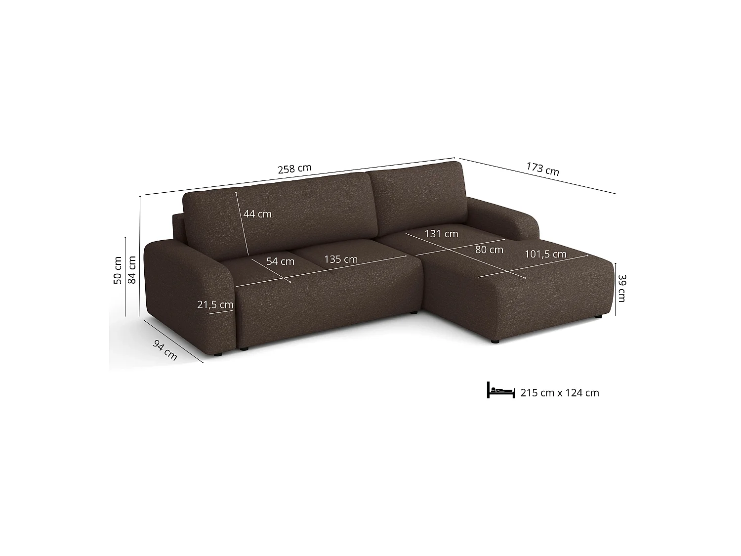 Canapé d’angle droit convertible Ovo avec coffre, marron, 258x173 cm