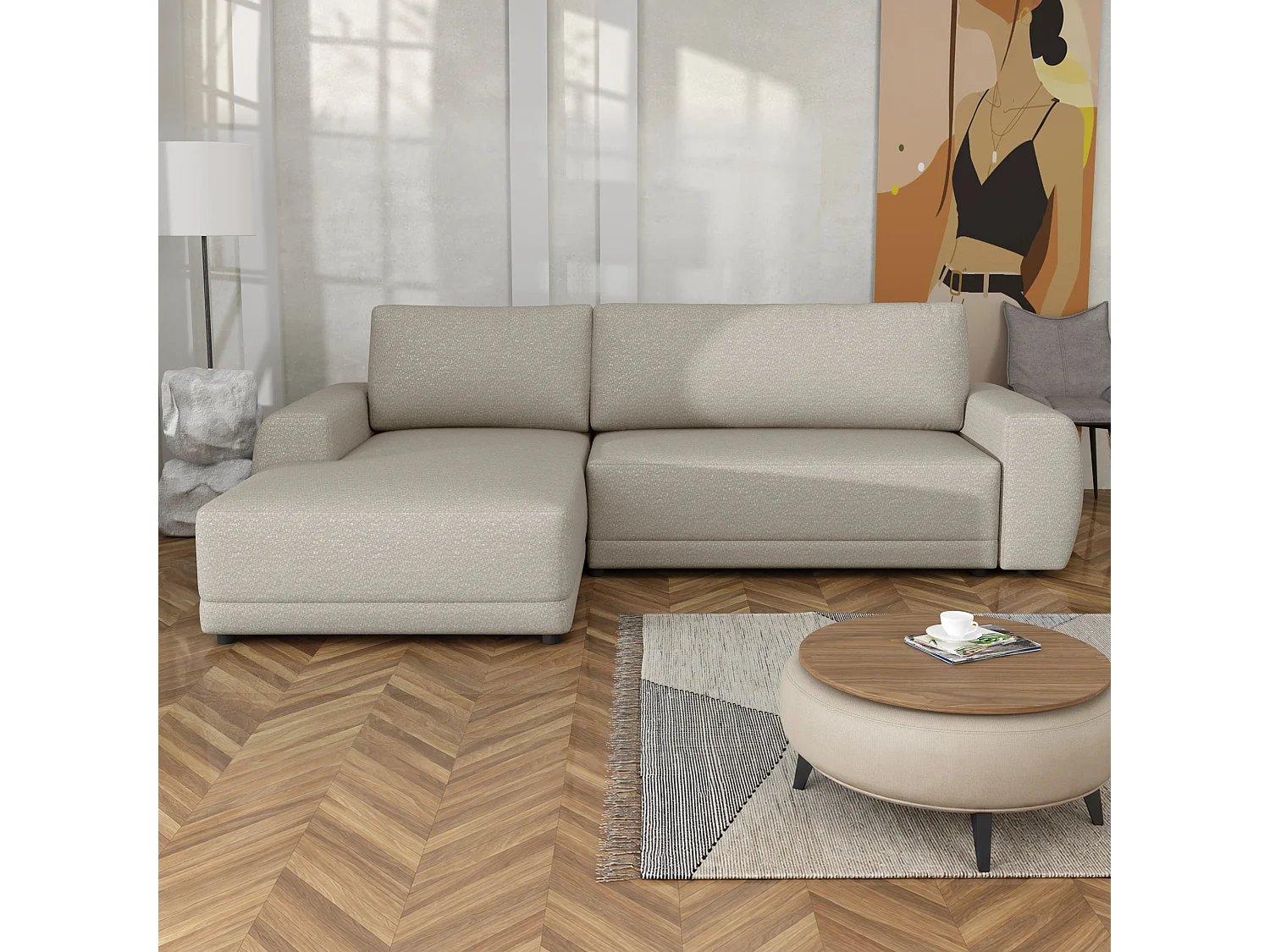 Canapé d’angle gauche convertible Denver avec coffre, beige, 268x169 cm