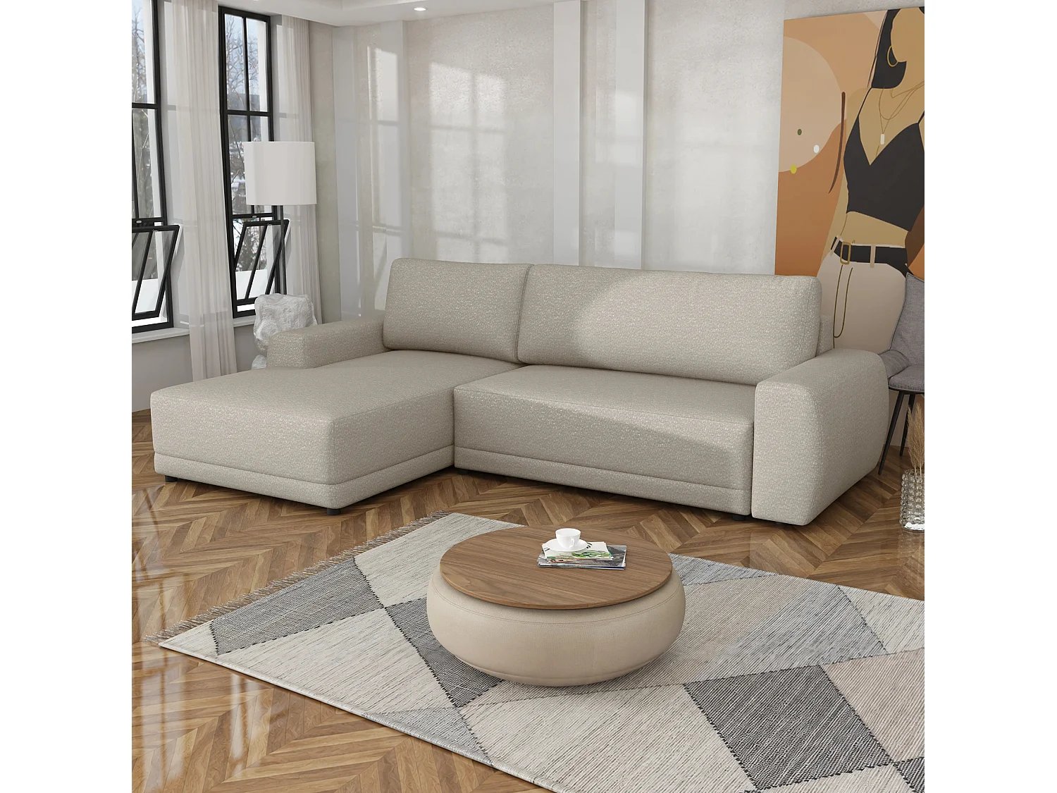 Canapé d’angle gauche convertible Denver avec coffre, beige, 268x169 cm