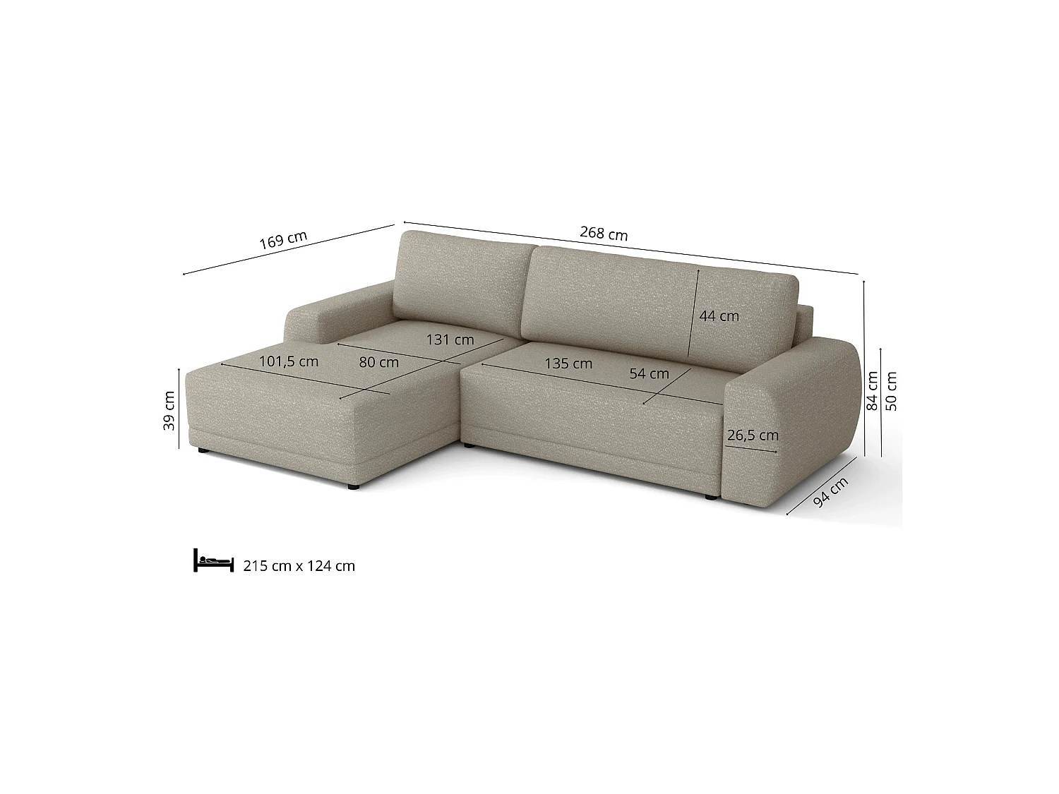 Canapé d’angle gauche convertible Denver avec coffre, beige, 268x169 cm