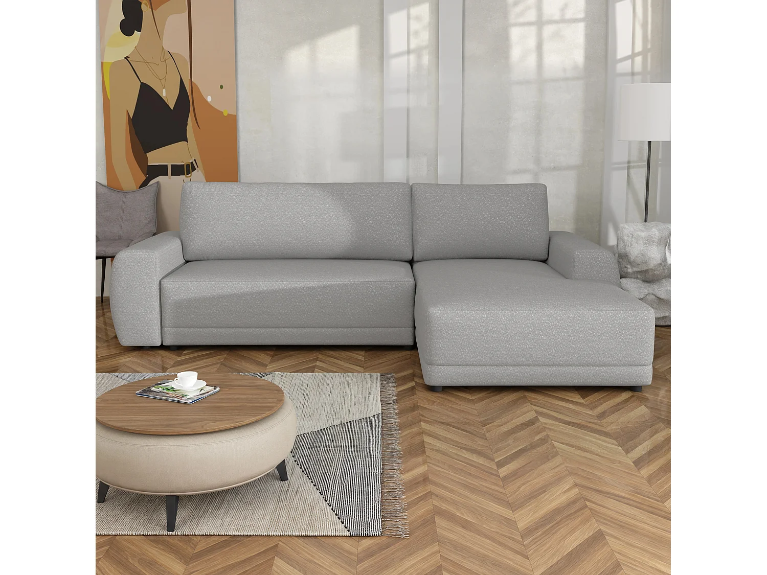 Canapé d’angle droit convertible Denver avec coffre, gris clair, 268x169 cm