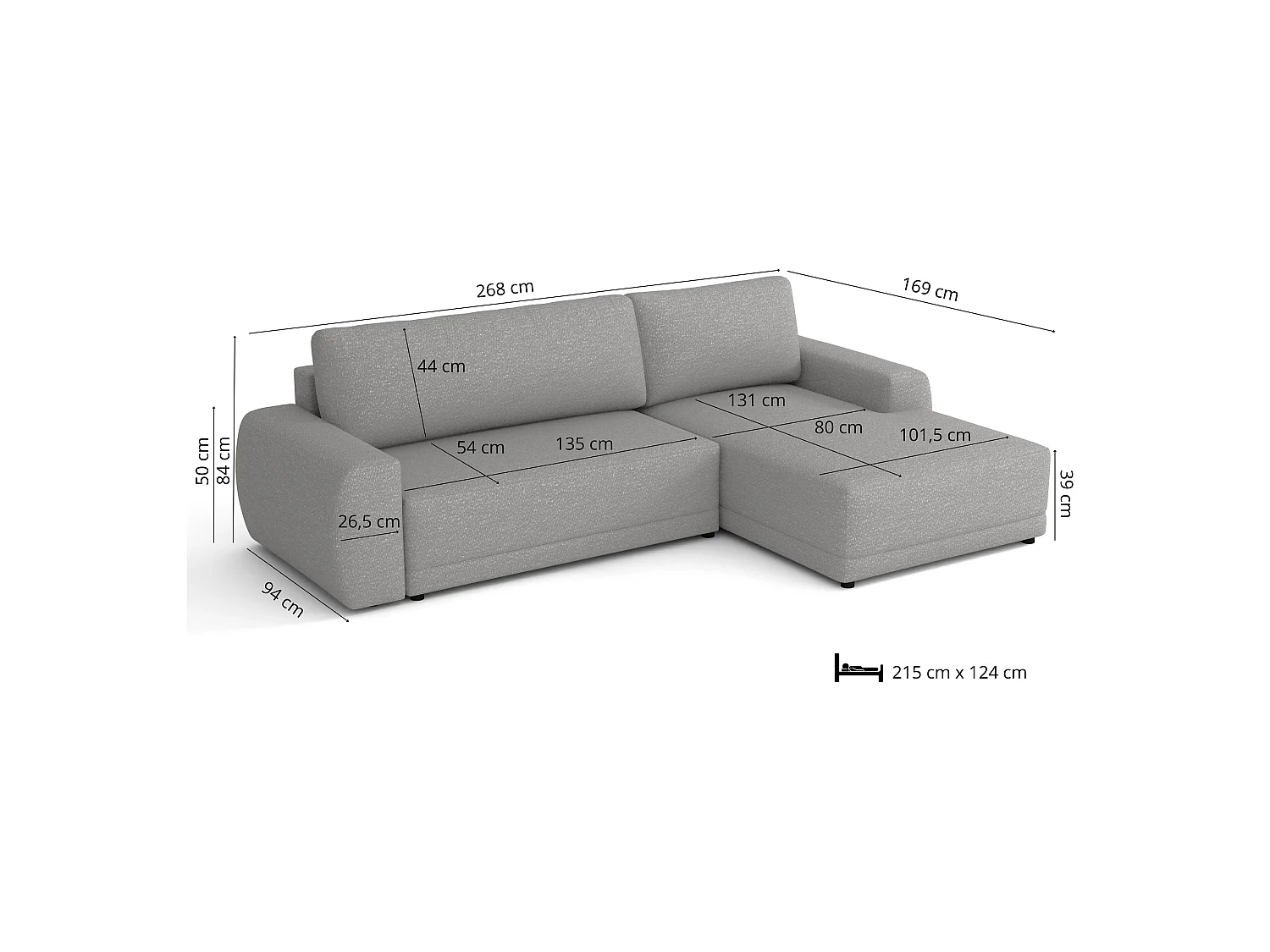 Canapé d’angle droit convertible Denver avec coffre, gris clair, 268x169 cm
