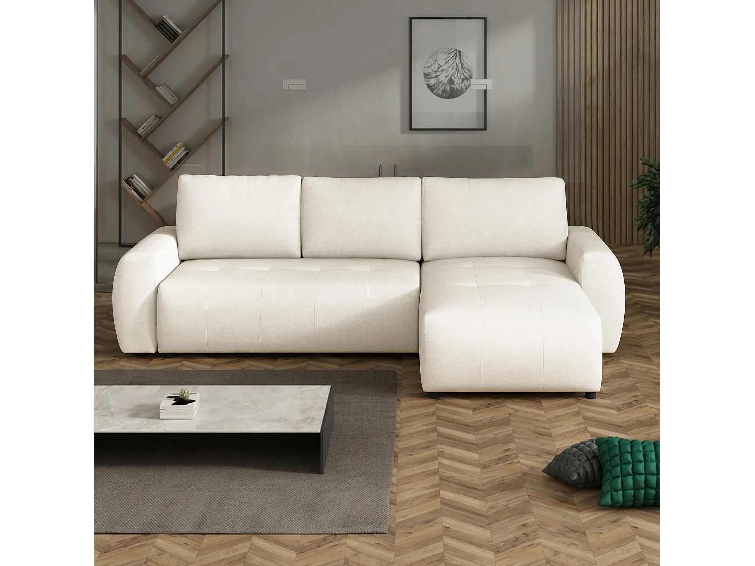 Canapé d’angle réversible convertible World avec coffre, crème, 258x173 cm