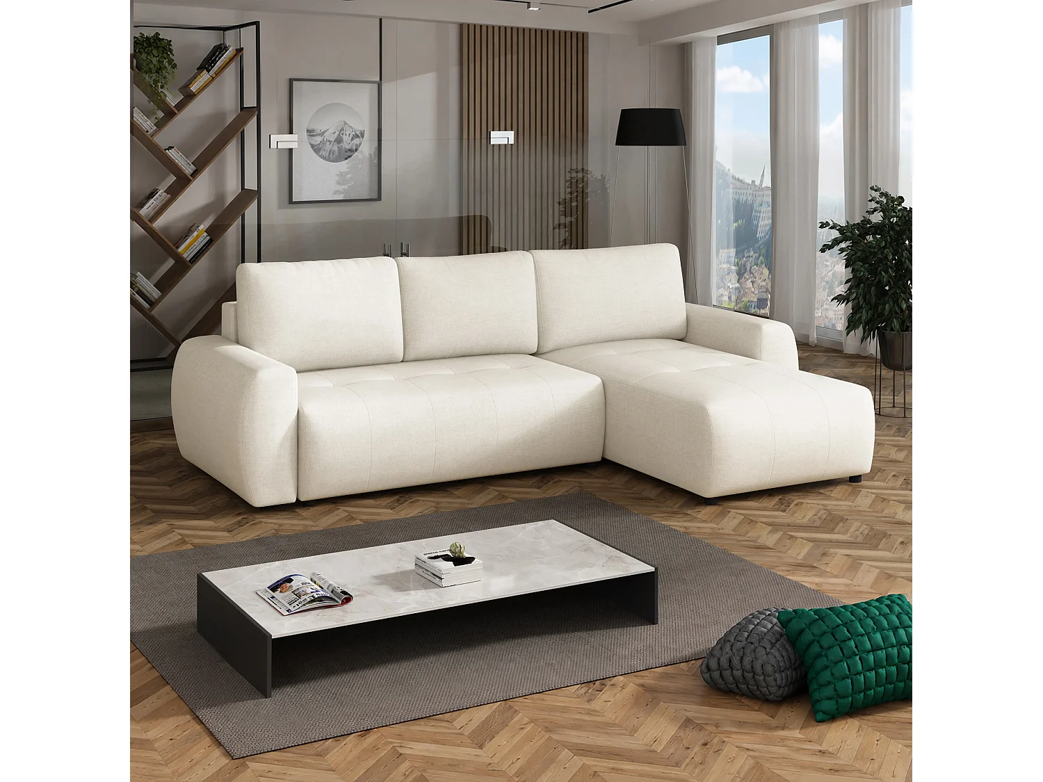 Canapé d’angle réversible convertible World avec coffre, crème, 258x173 cm