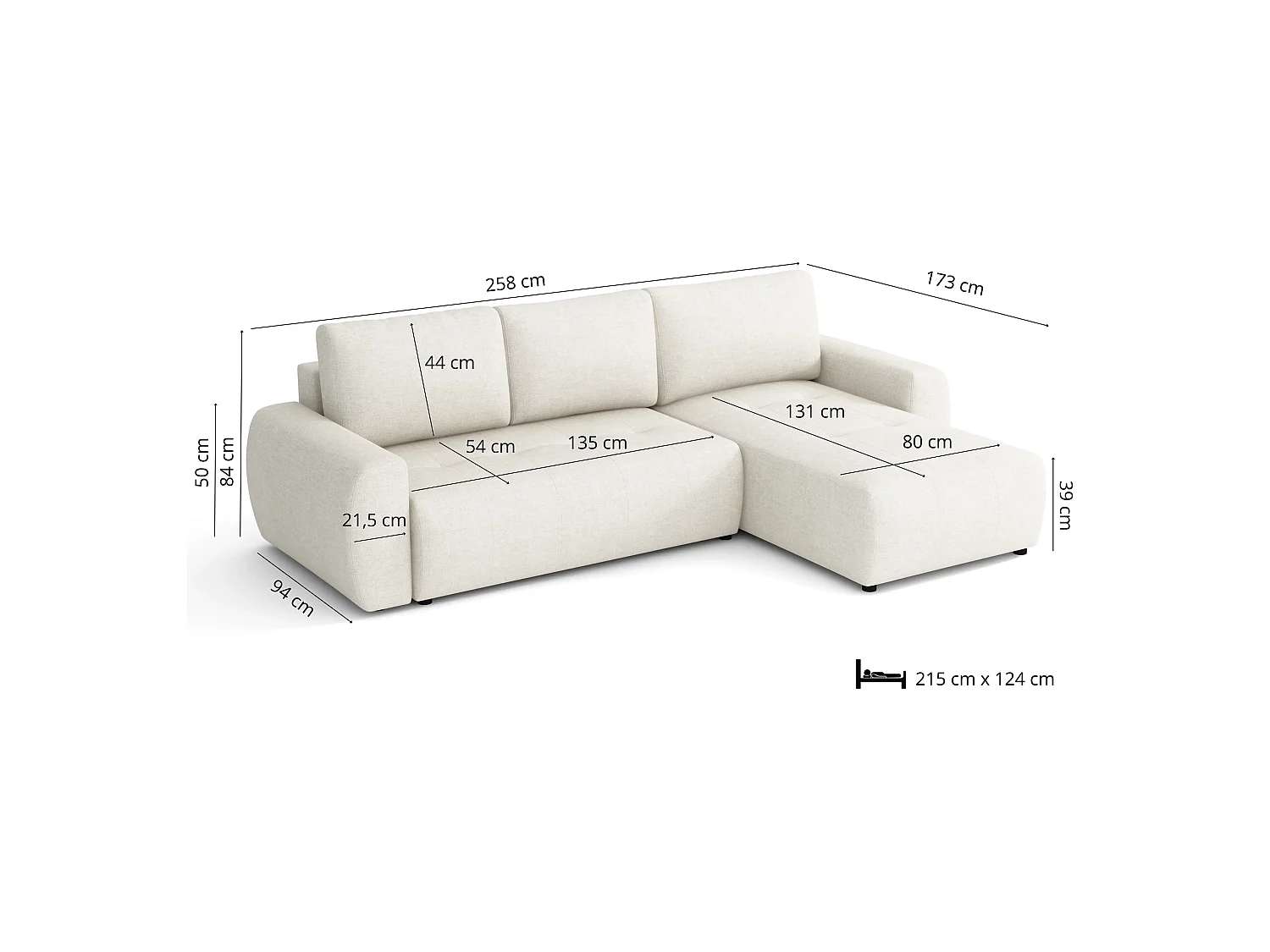 Canapé d’angle réversible convertible World avec coffre, crème, 258x173 cm