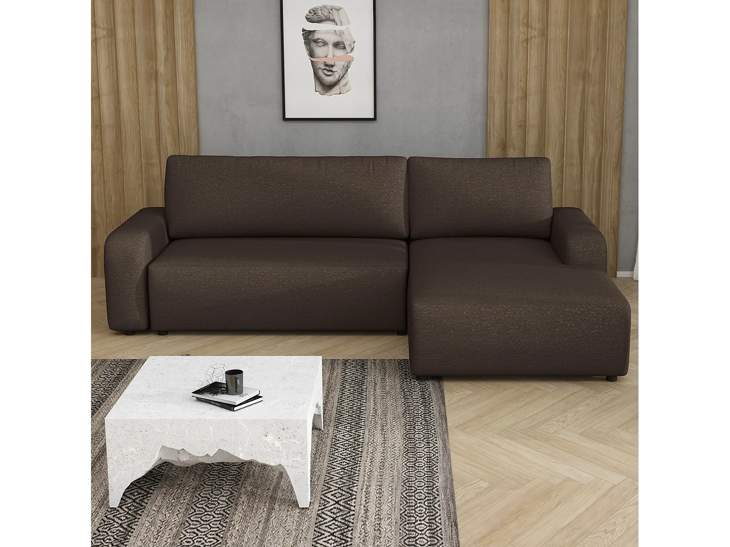 Hoekslaapbank Ovo II met opbergruimte, bruin rechts, 258x173 cm