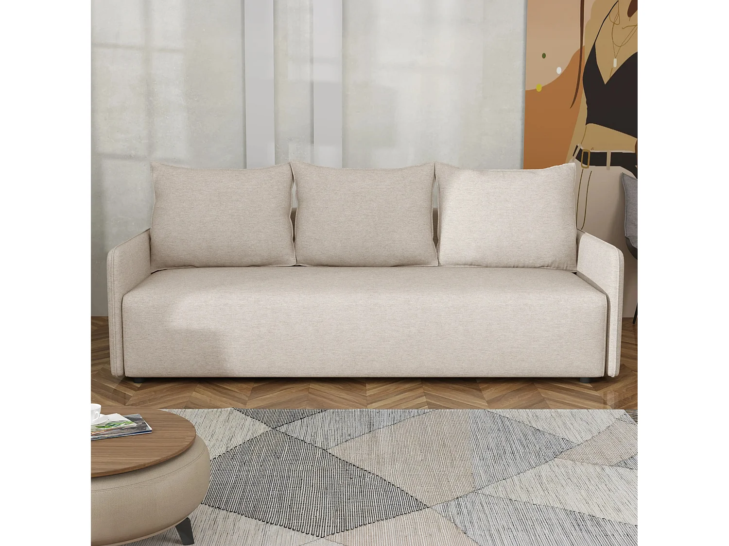 Canapé convertible Carl avec coffre, beige, 208x94 cm