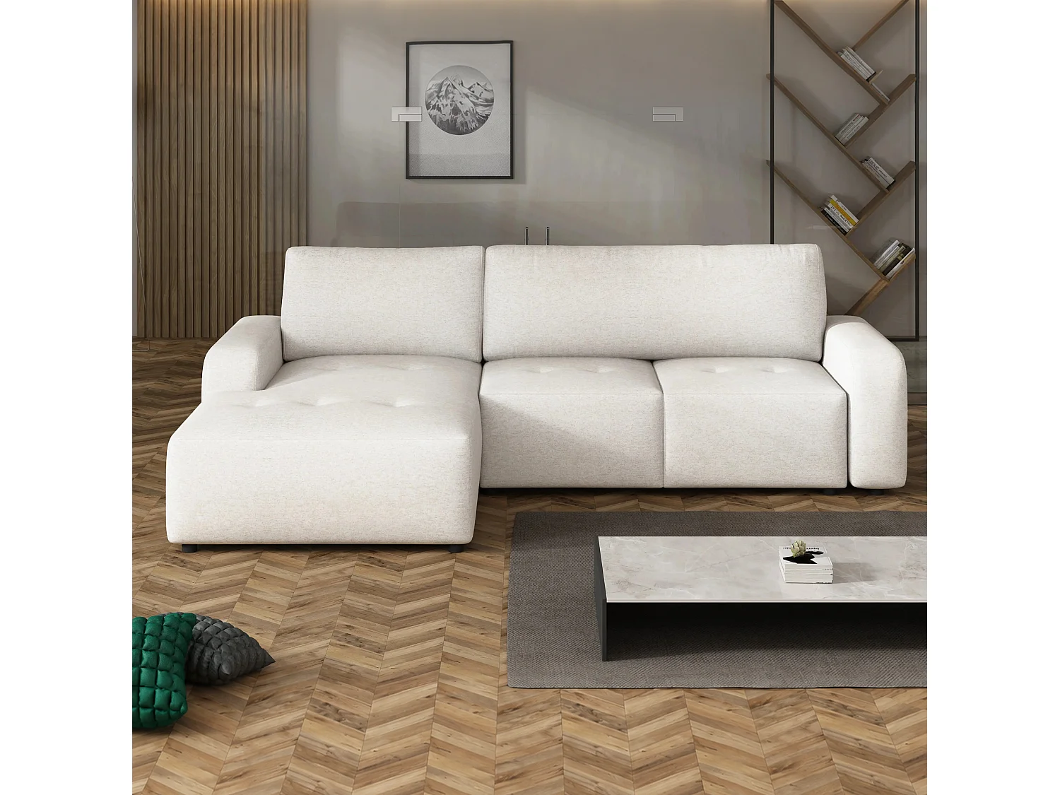Canapé d’angle gauche convertible Luna avec coffre, crème, 258x169 cm