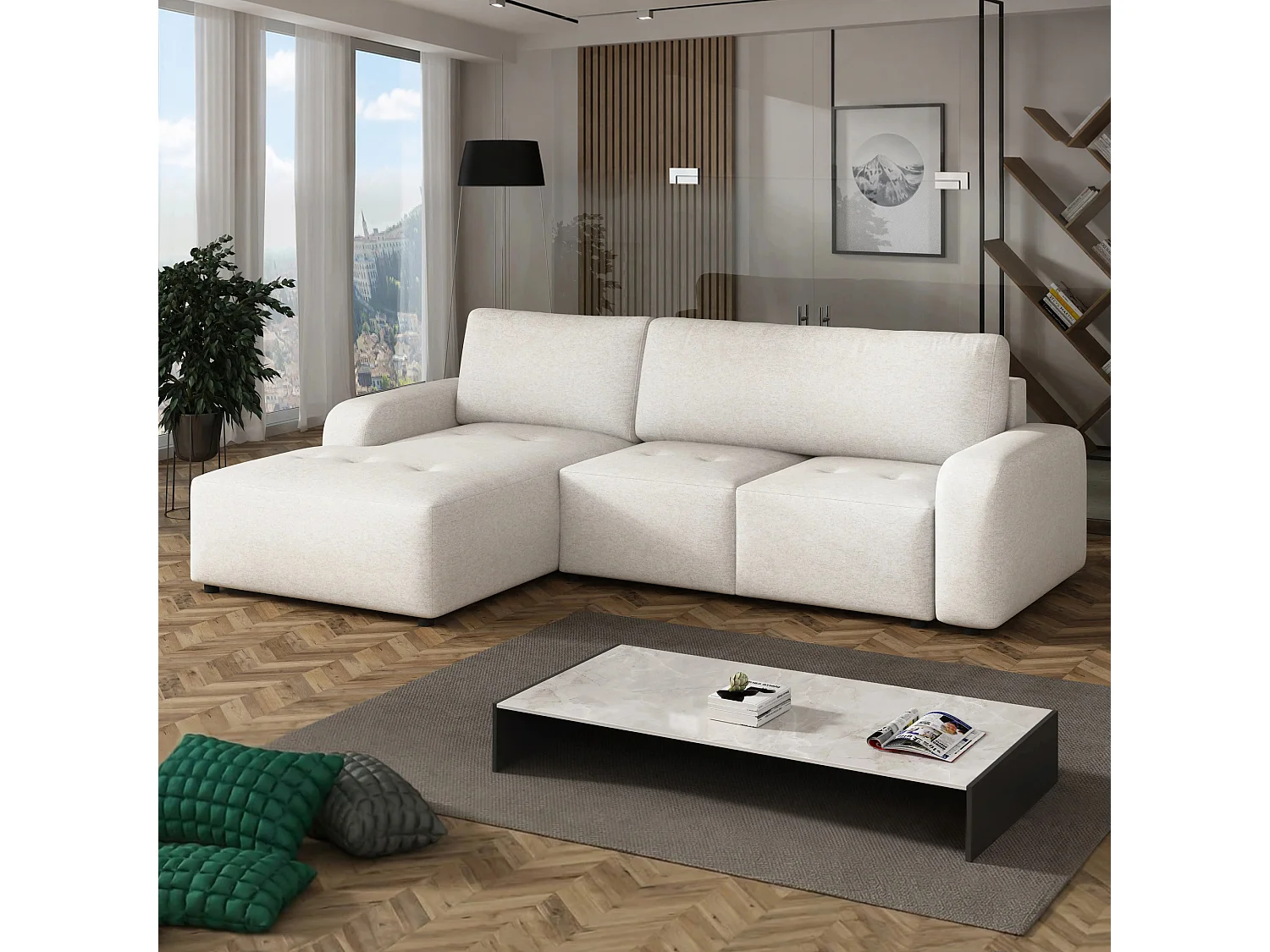 Canapé d’angle gauche convertible Luna avec coffre, crème, 258x169 cm