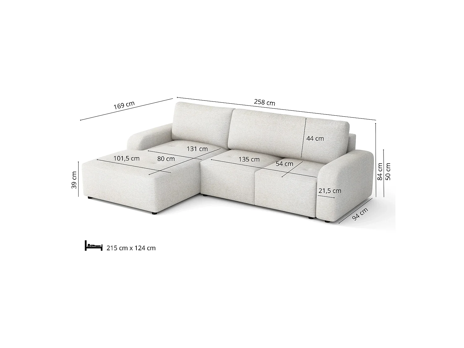 Canapé d’angle gauche convertible Luna avec coffre, crème, 258x169 cm