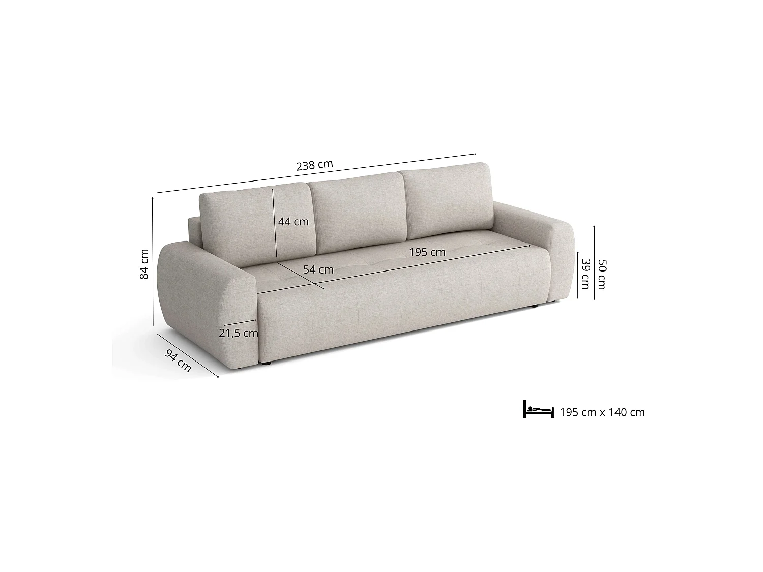 Canapé convertible World avec coffre, beige, 238x94 cm