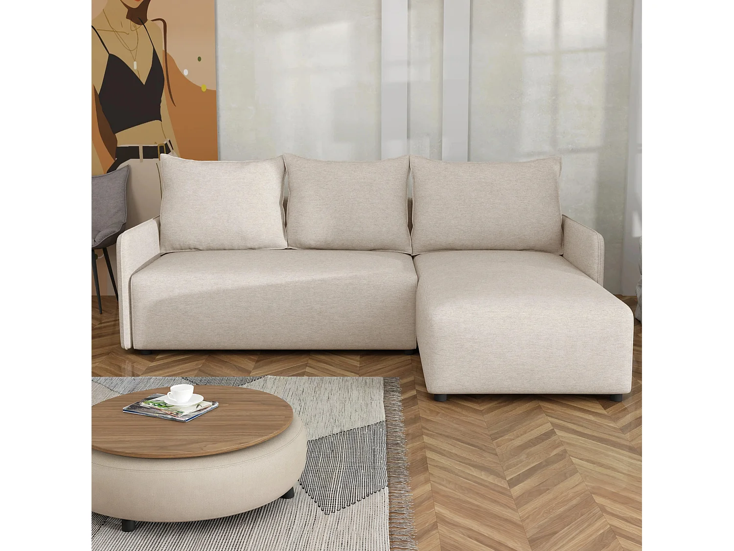 Canapé d’angle réversible convertible Carl avec coffre, beige, 228x169 cm