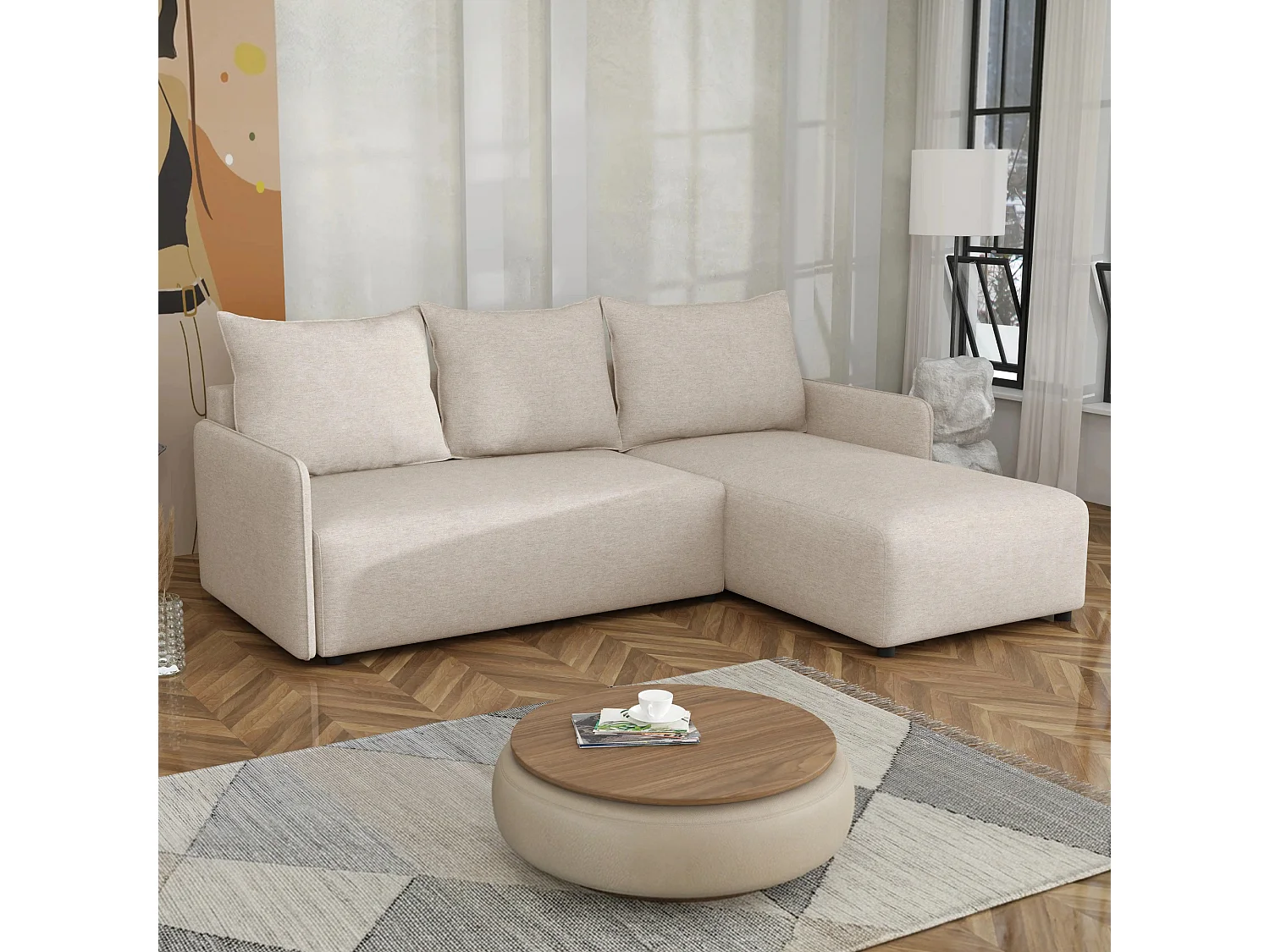 Canapé d’angle réversible convertible Carl avec coffre, beige, 228x169 cm