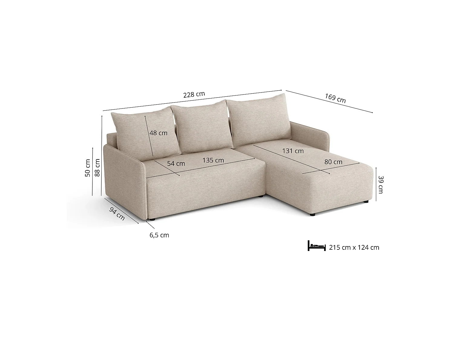 Canapé d’angle réversible convertible Carl avec coffre, beige, 228x169 cm