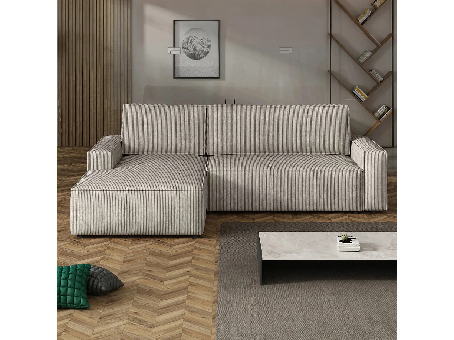 Canapé d’angle gauche convertible Fort avec coffre, beige, 258x169 cm