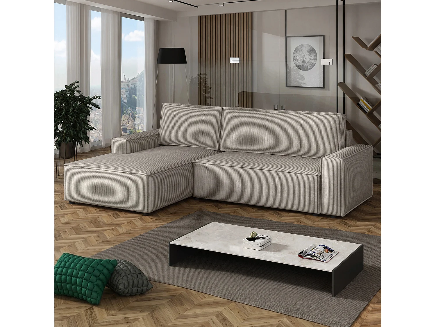 Canapé d’angle gauche convertible Fort avec coffre, beige, 258x169 cm