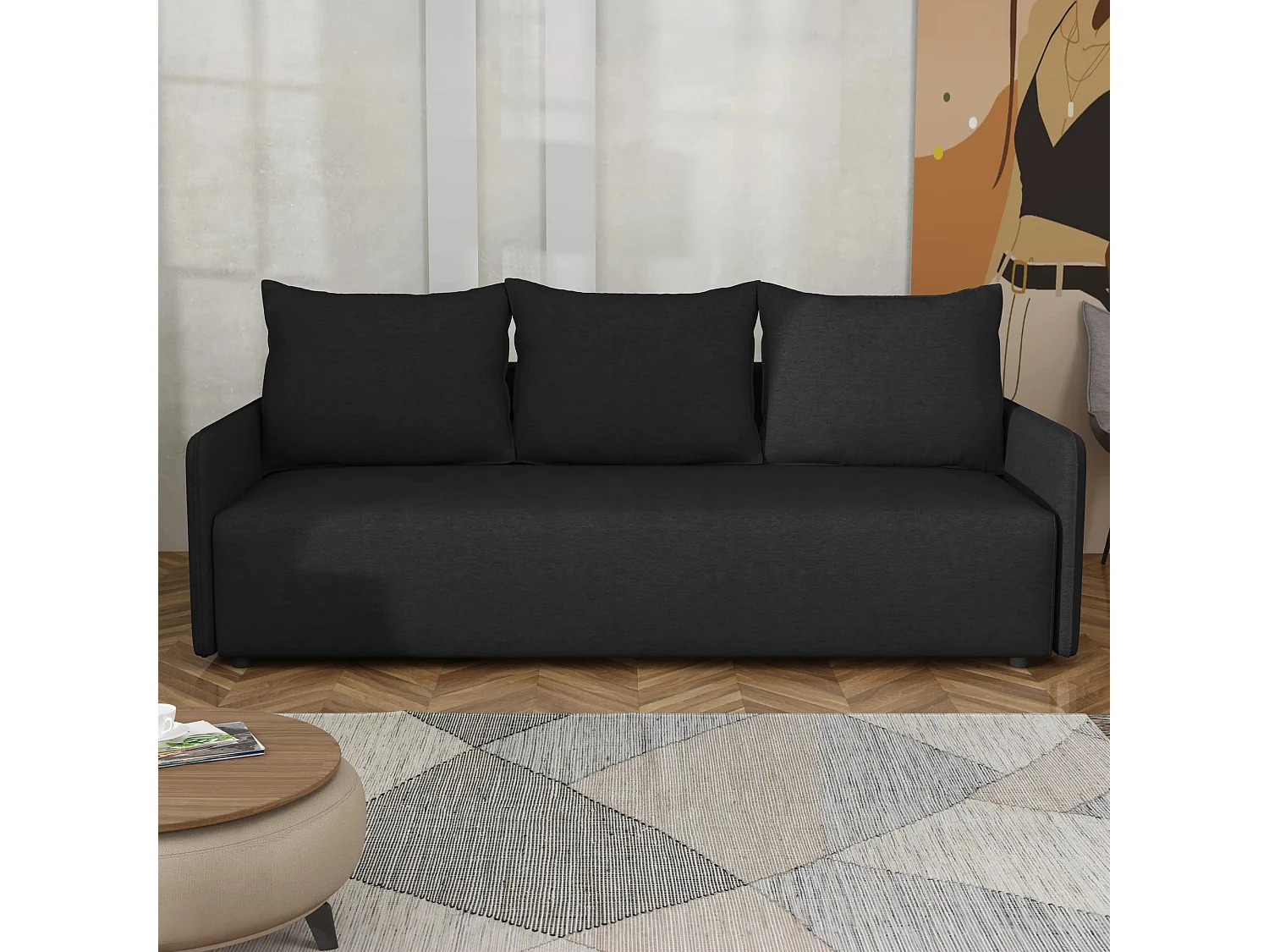 Canapé convertible Carl avec coffre, noir, 208x94 cm