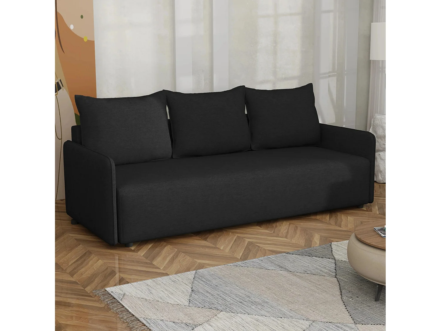 Canapé convertible Carl avec coffre, noir, 208x94 cm