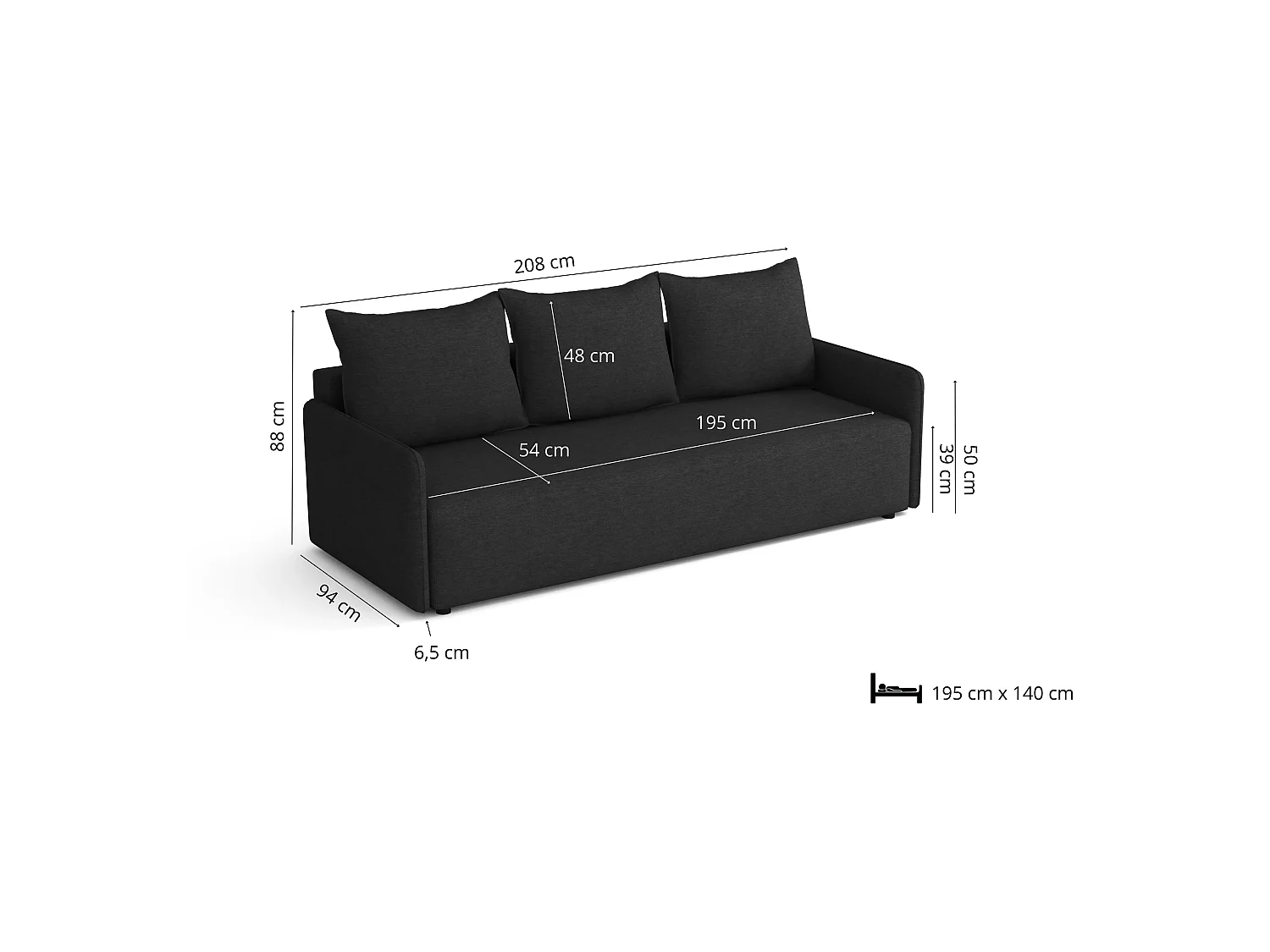 Canapé convertible Carl avec coffre, noir, 208x94 cm
