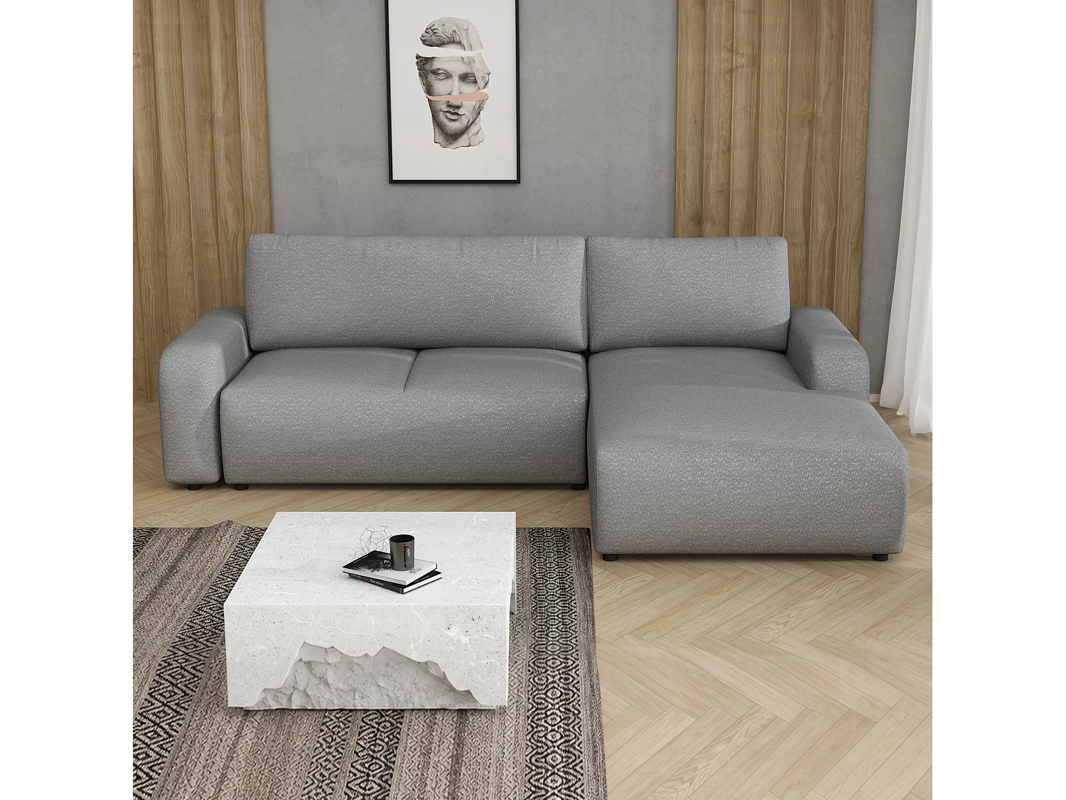 Hoekslaapbank Ovo met opbergruimte, grijs rechts, 258x173 cm