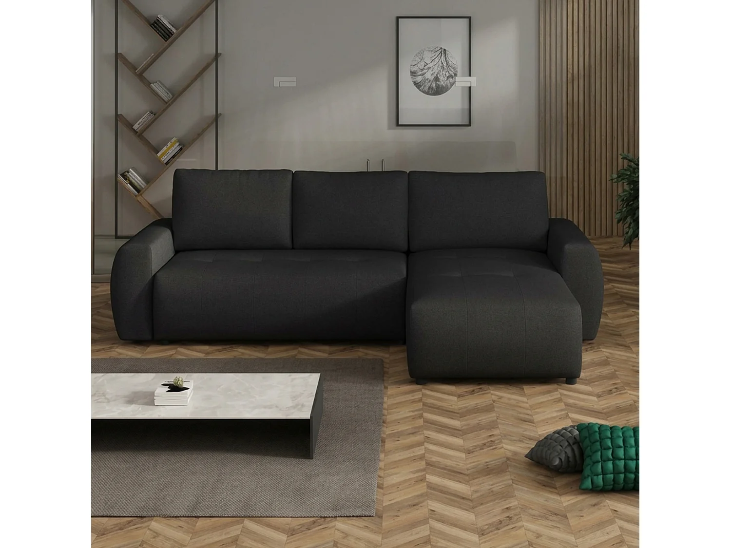 Canapé d’angle réversible convertible World avec coffre, noir, 258x173 cm
