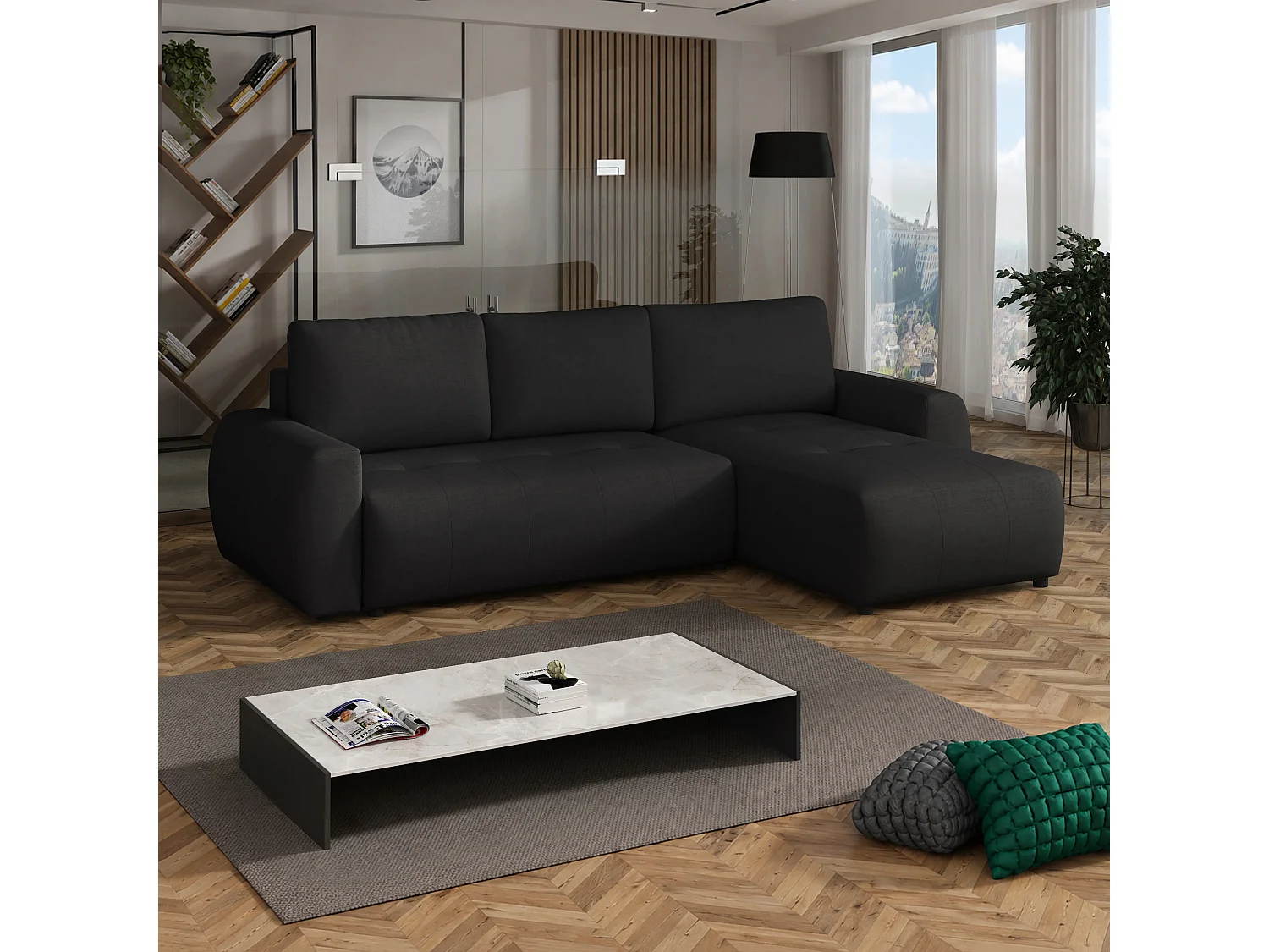 Canapé d’angle réversible convertible World avec coffre, noir, 258x173 cm