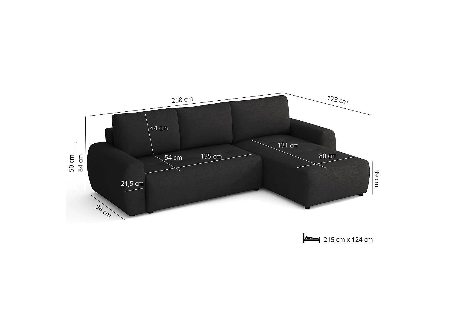 Canapé d’angle réversible convertible World avec coffre, noir, 258x173 cm