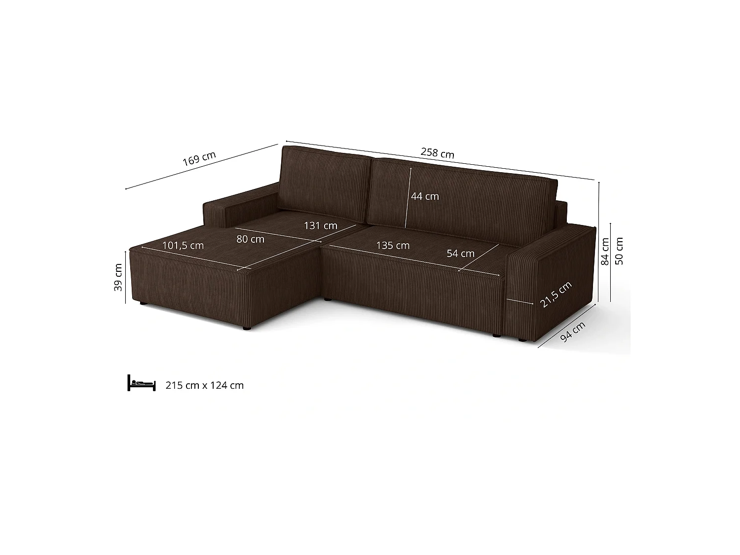 Hoekslaapbank Fort met opbergruimte, bruin links, 258x169 cm