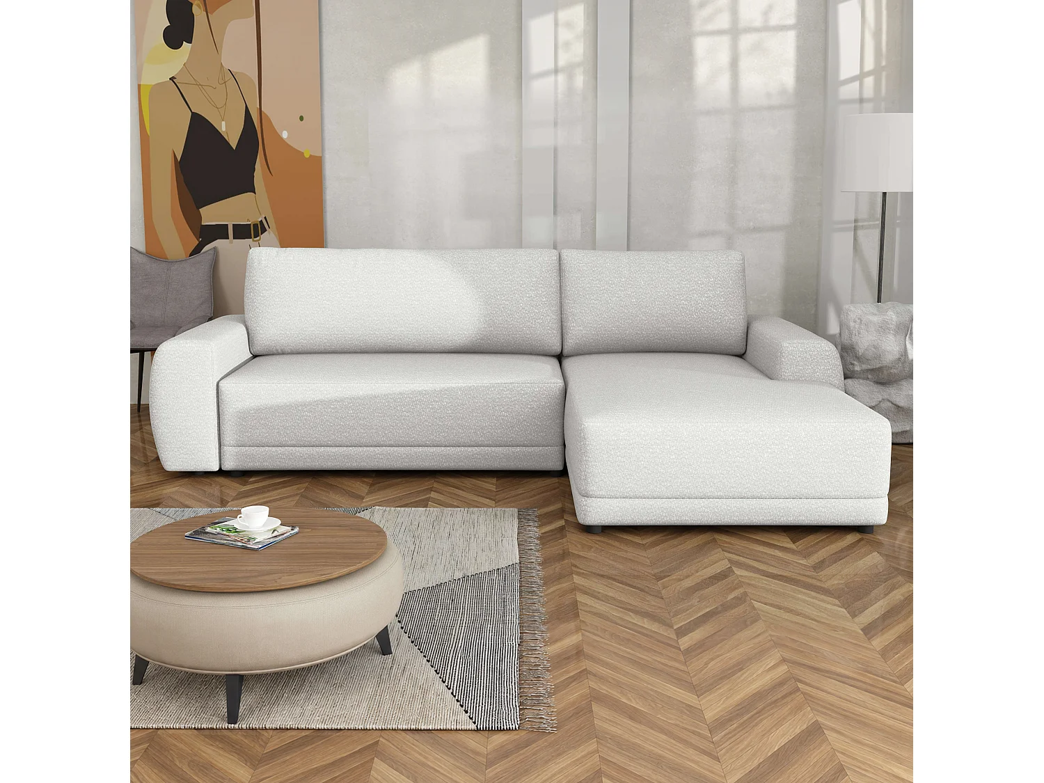 Canapé d’angle droit convertible Denver avec coffre, blanc, 268x169 cm