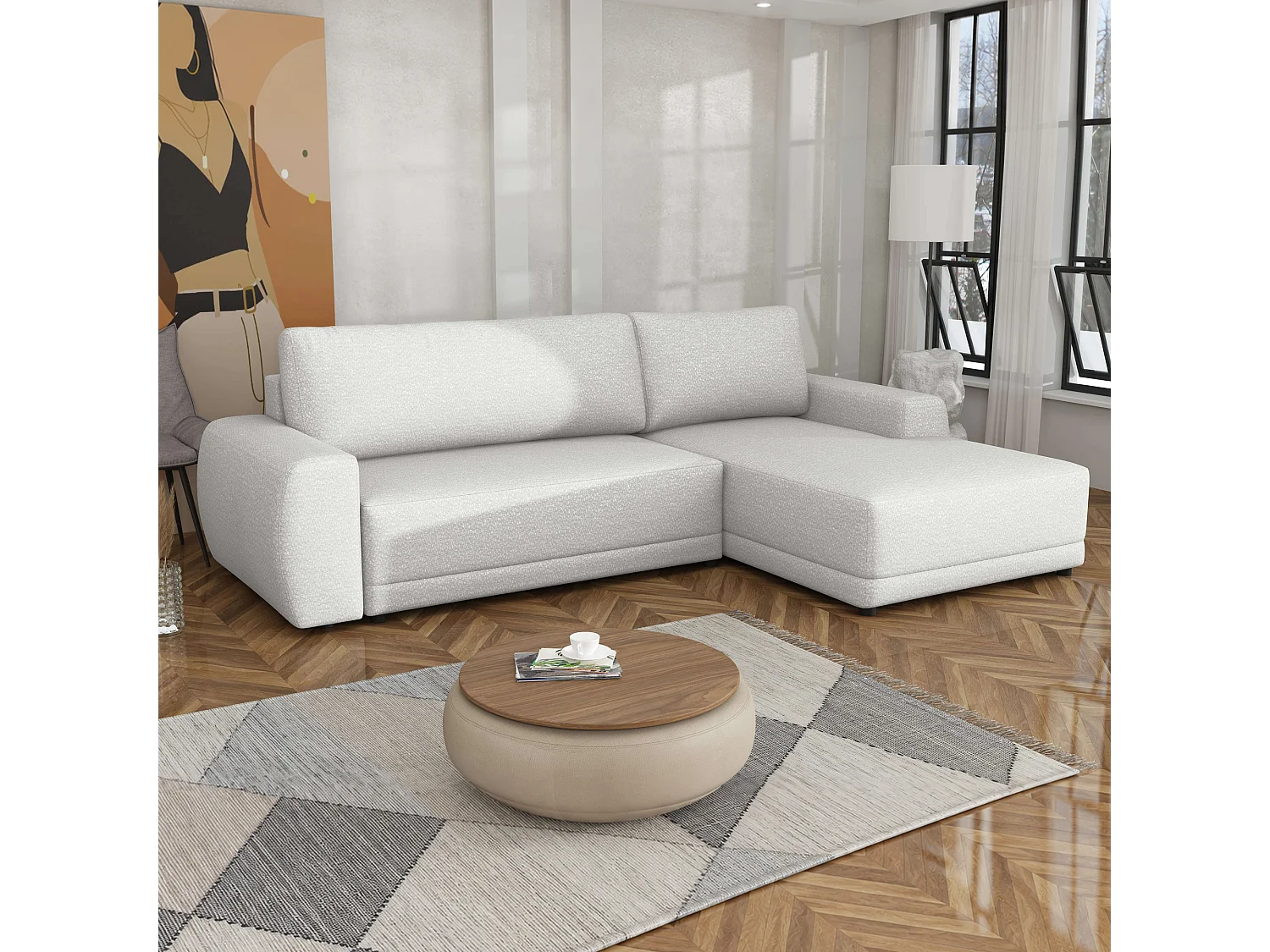 Canapé d’angle droit convertible Denver avec coffre, blanc, 268x169 cm
