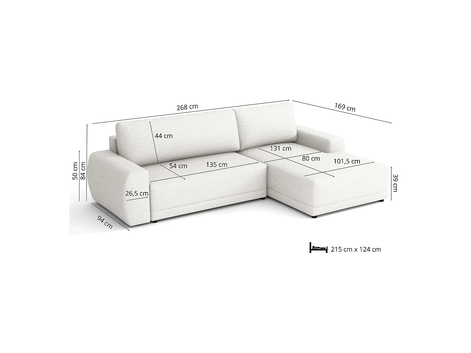Canapé d’angle droit convertible Denver avec coffre, blanc, 268x169 cm
