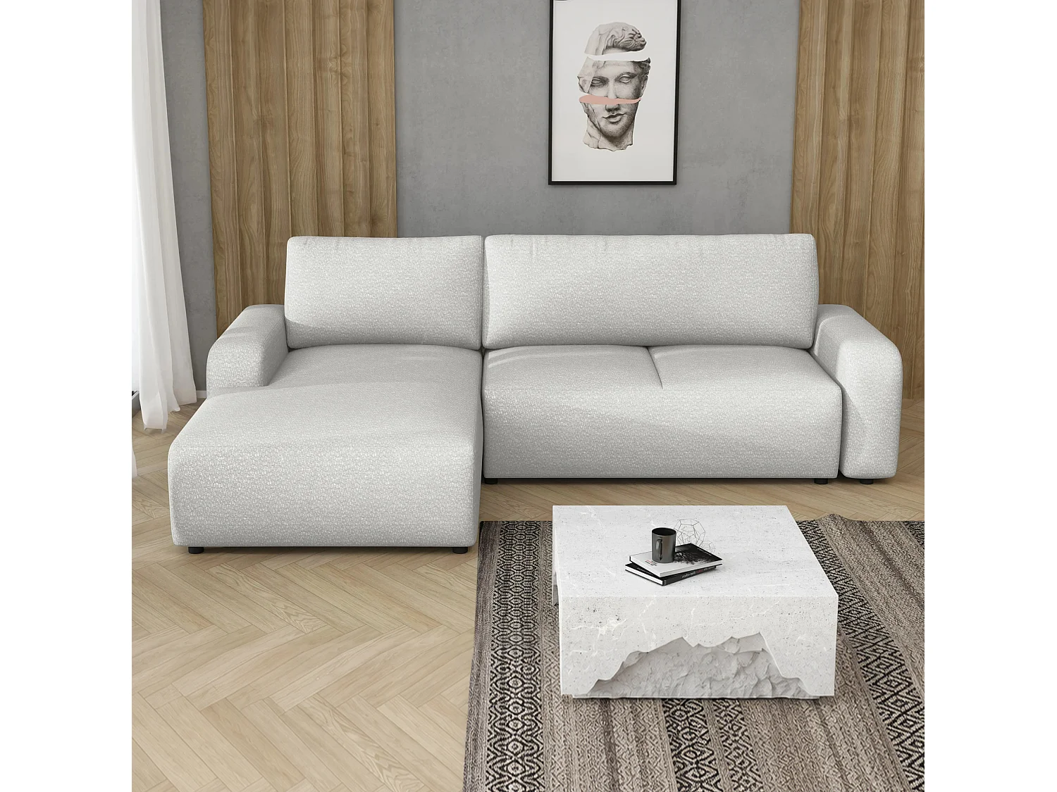 Hoekslaapbank Ovo met opbergruimte, wit links, 258x173 cm