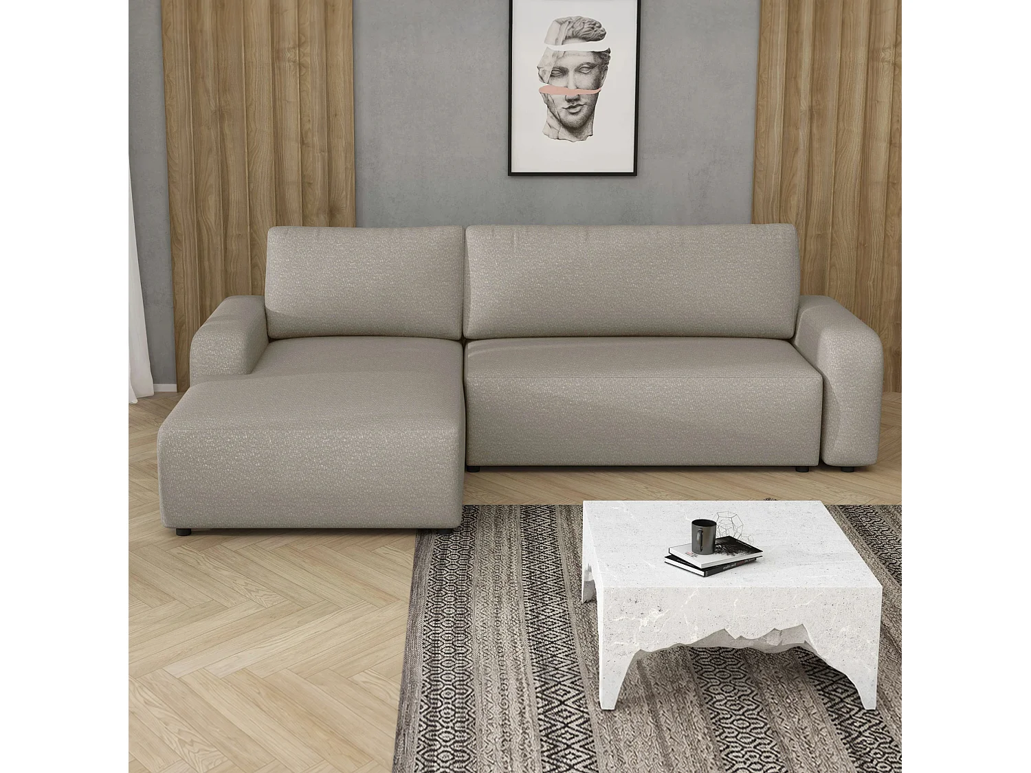 Canapé d’angle gauche convertible Ovo II avec coffre, beige, 258x173 cm