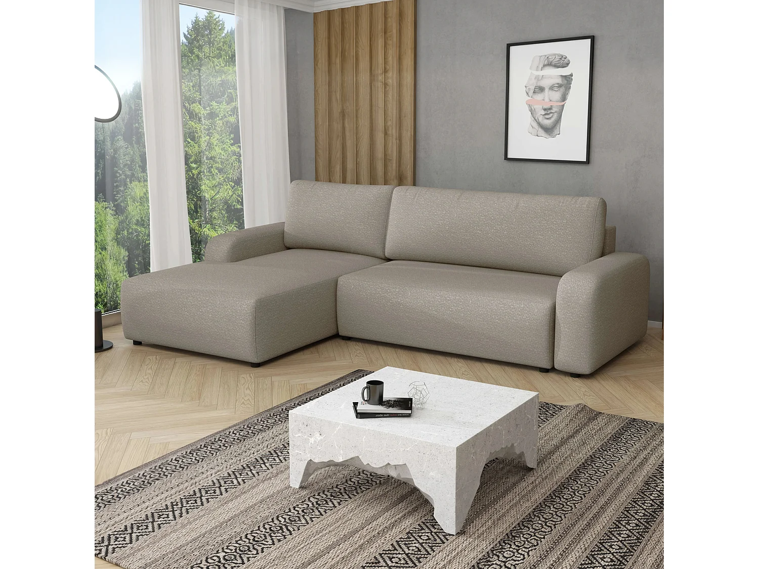 Canapé d’angle gauche convertible Ovo II avec coffre, beige, 258x173 cm