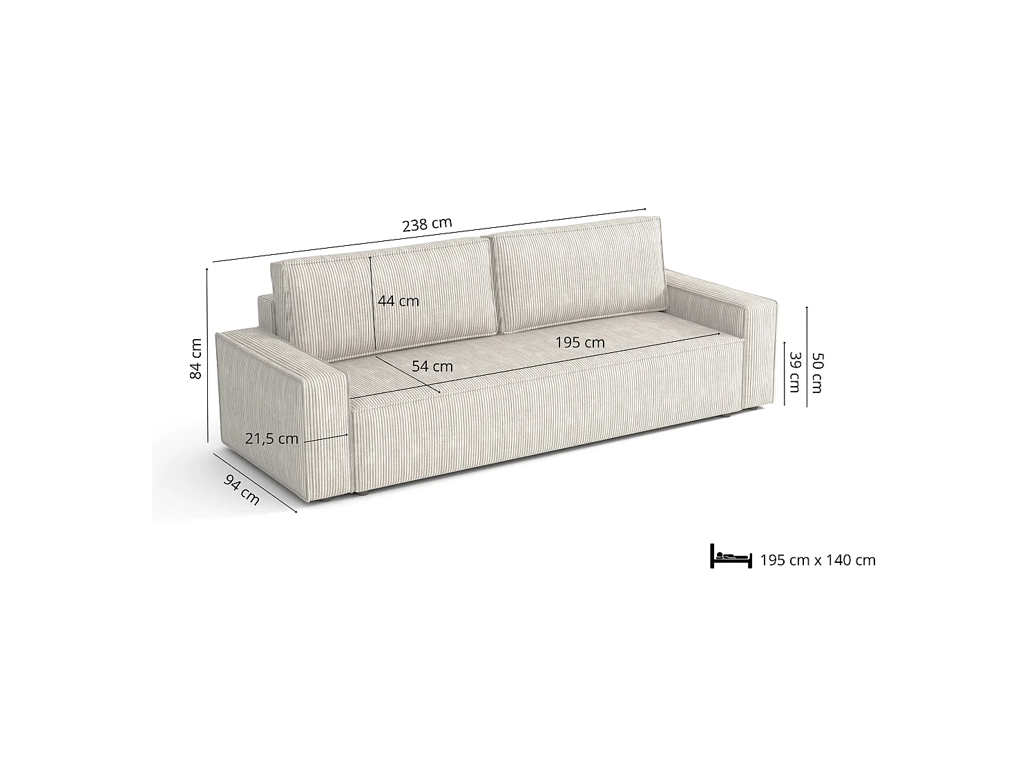 Canapé convertible Fort avec coffre, crème, 238x94 cm