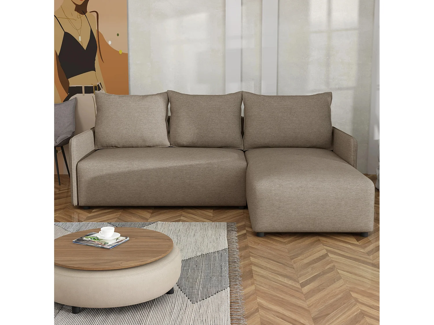 Canapé d’angle réversible convertible Carl avec coffre, marron clair, 228x169 cm