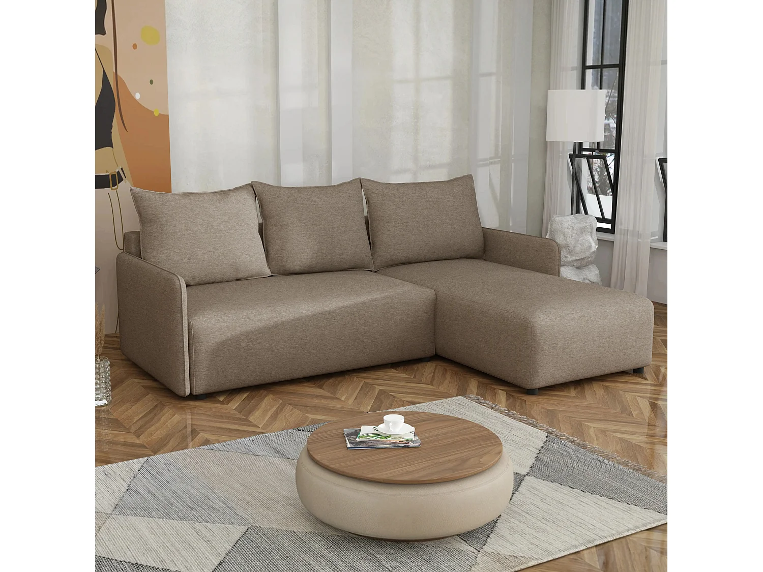 Canapé d’angle réversible convertible Carl avec coffre, marron clair, 228x169 cm